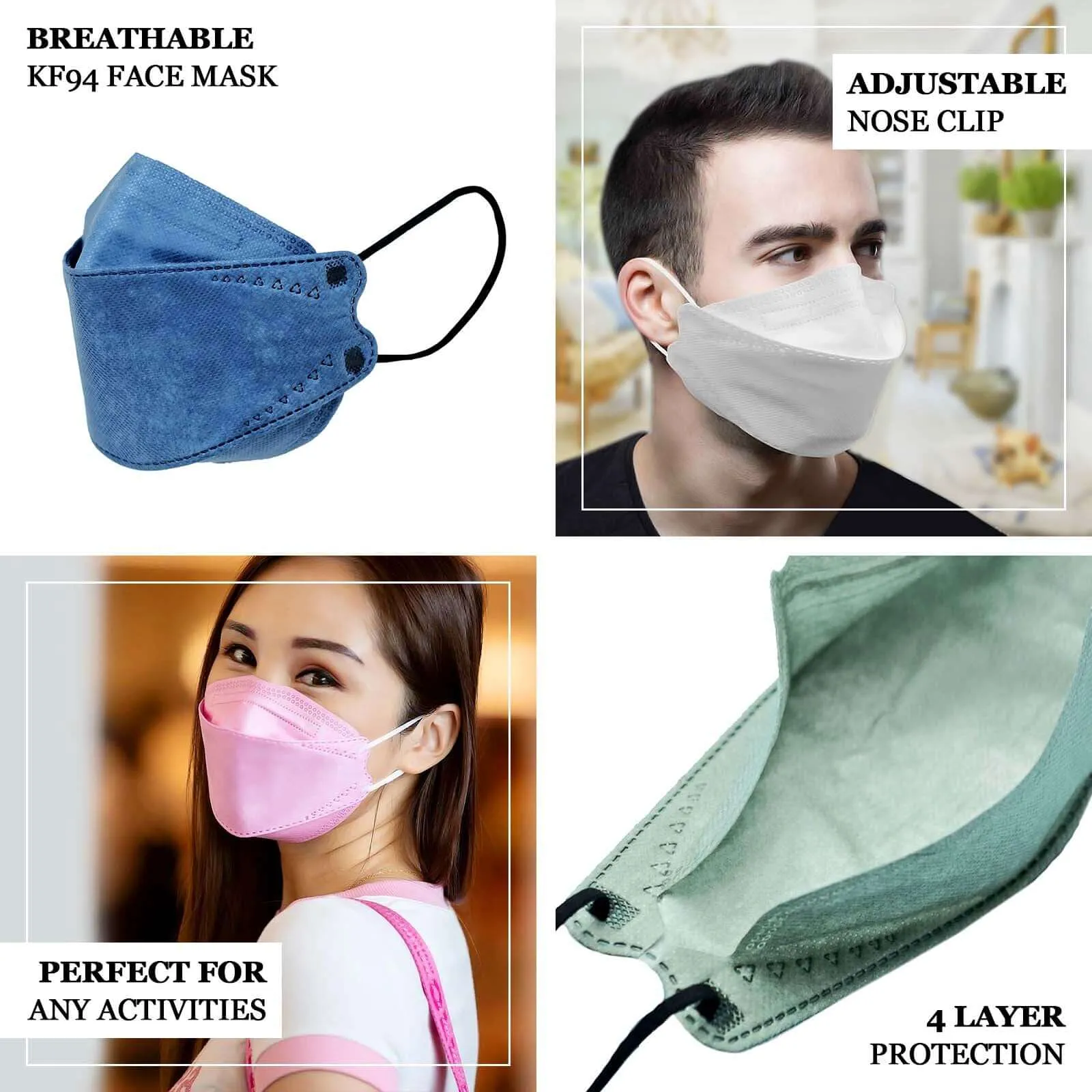 10 Pack Denim Blue Breathable KF94 Face Mask, 3D Fish-Design Mouth Shields for Adult, 4-Layer Protective Face Masks with Adjustable Nose Clip