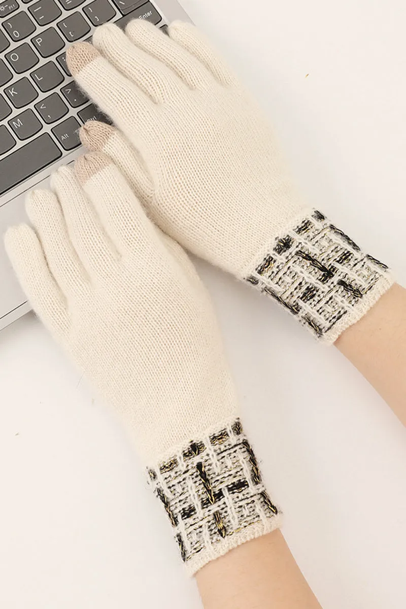 100 Cashmere Knit Touchscreen Gloves with Tweed Cuffs