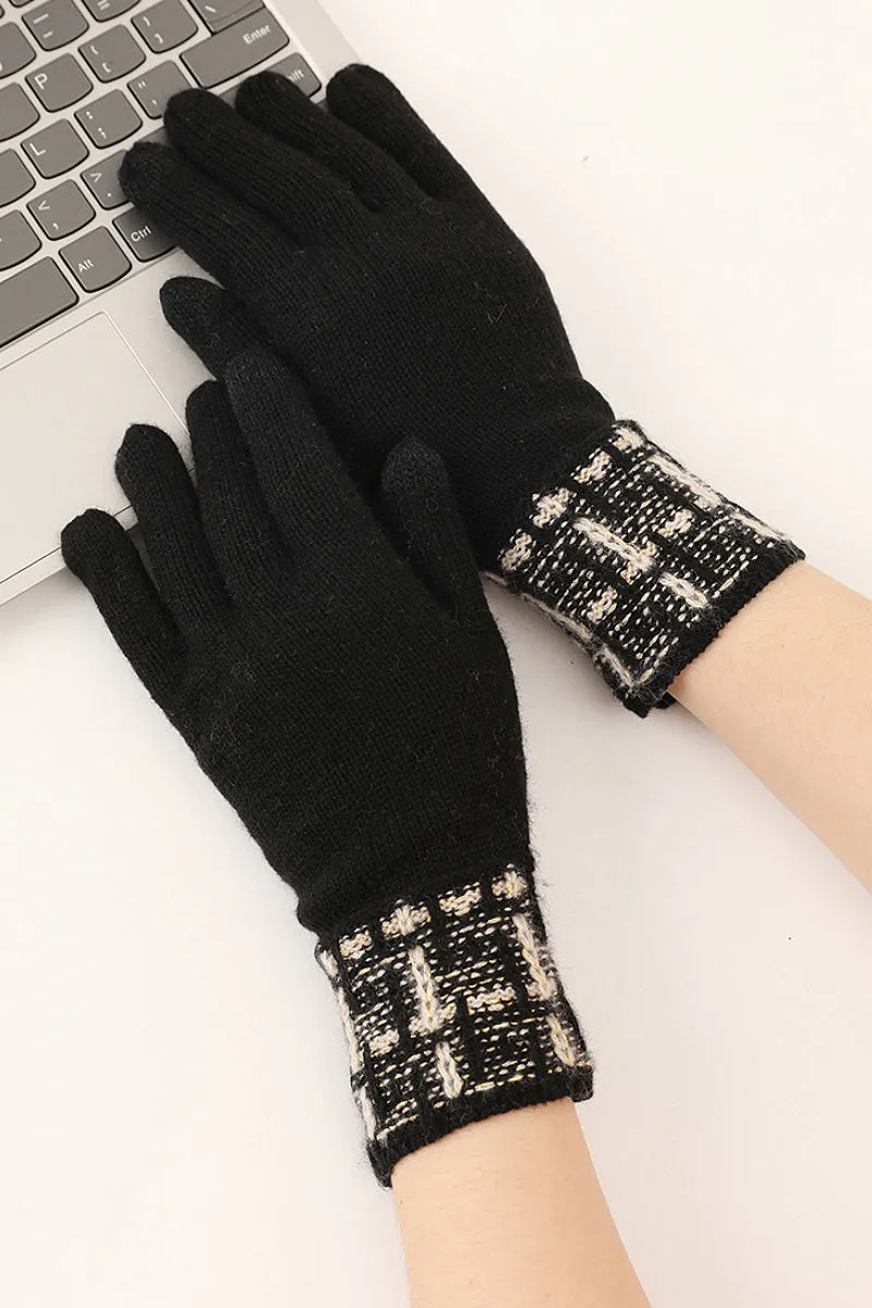 100 Cashmere Knit Touchscreen Gloves with Tweed Cuffs