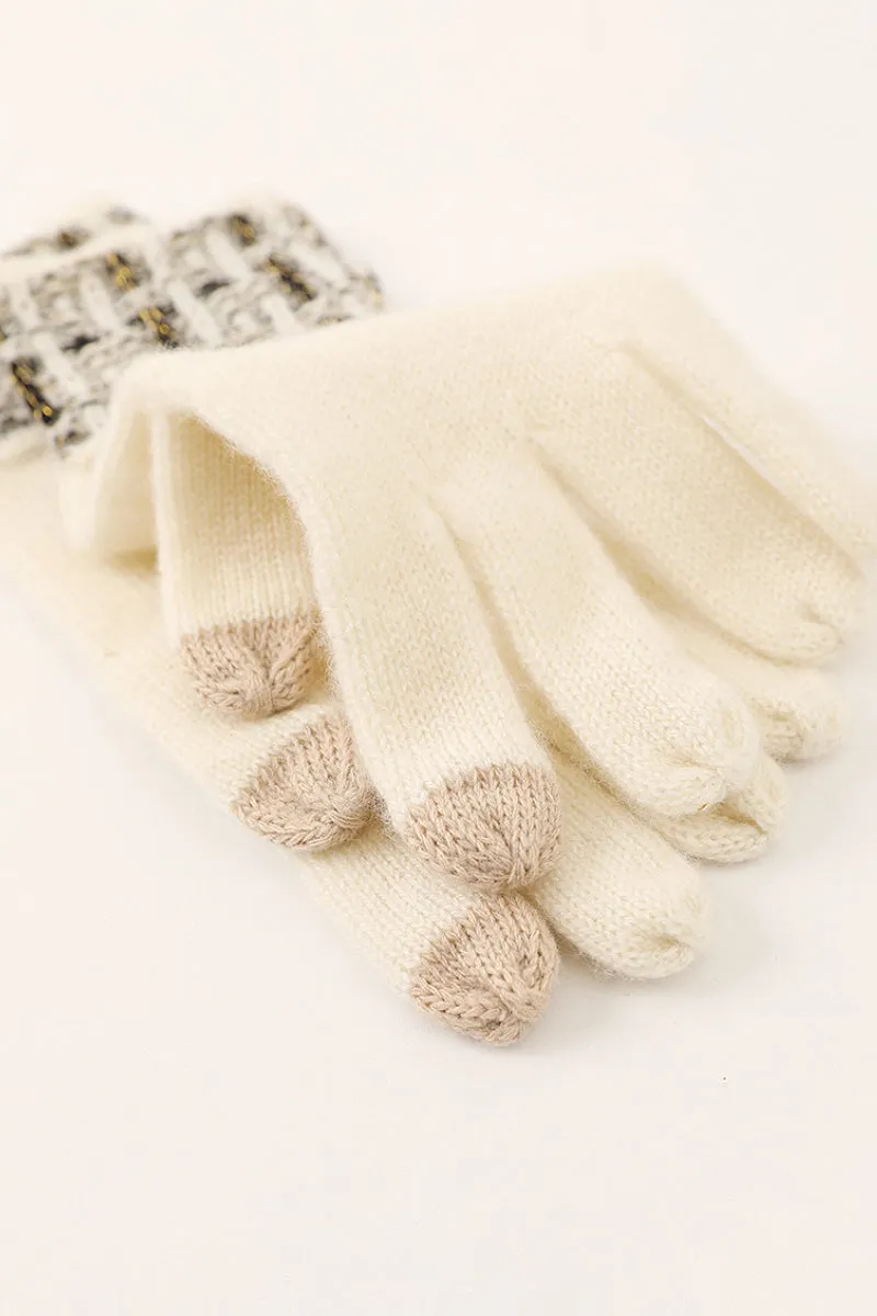 100 Cashmere Knit Touchscreen Gloves with Tweed Cuffs