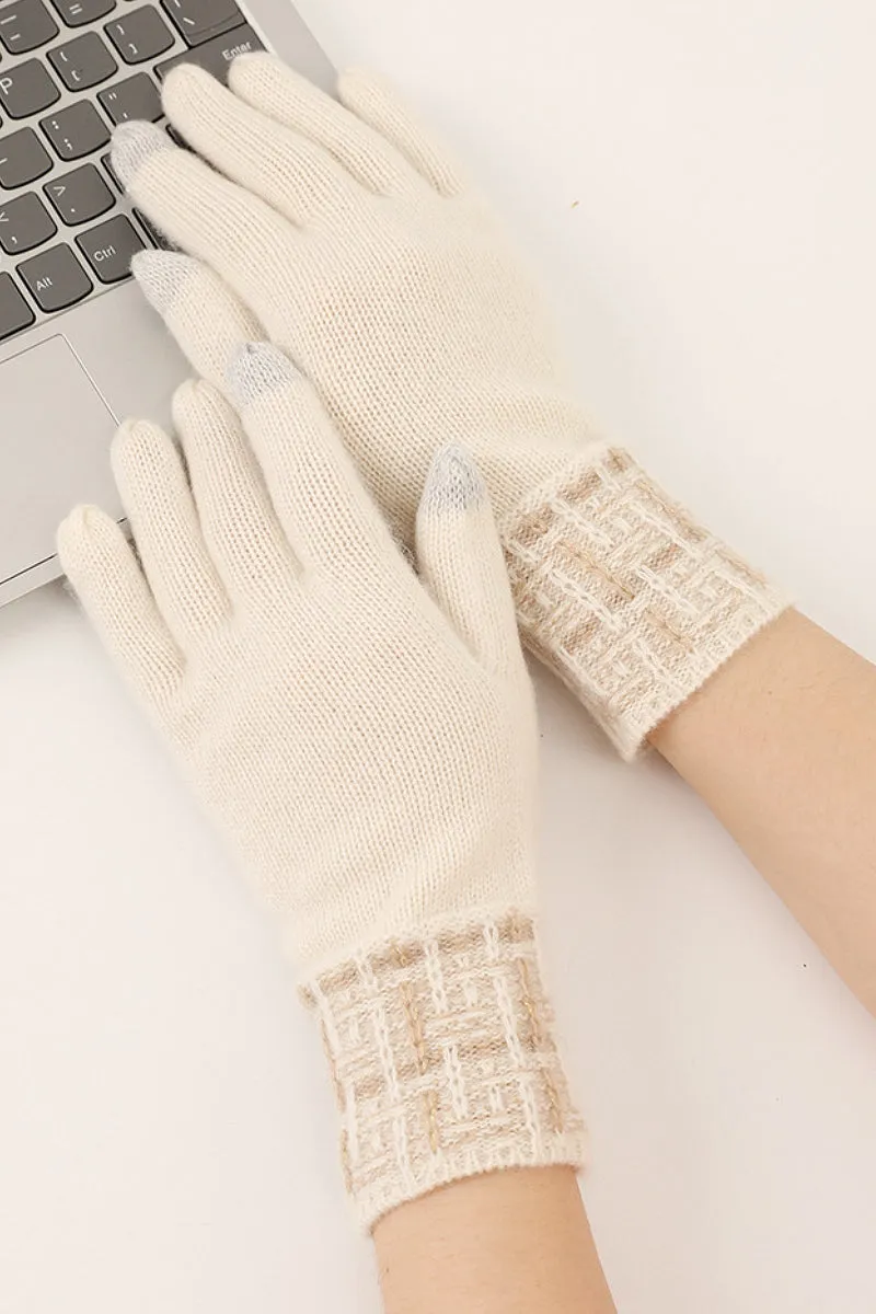 100 Cashmere Knit Touchscreen Gloves with Tweed Cuffs