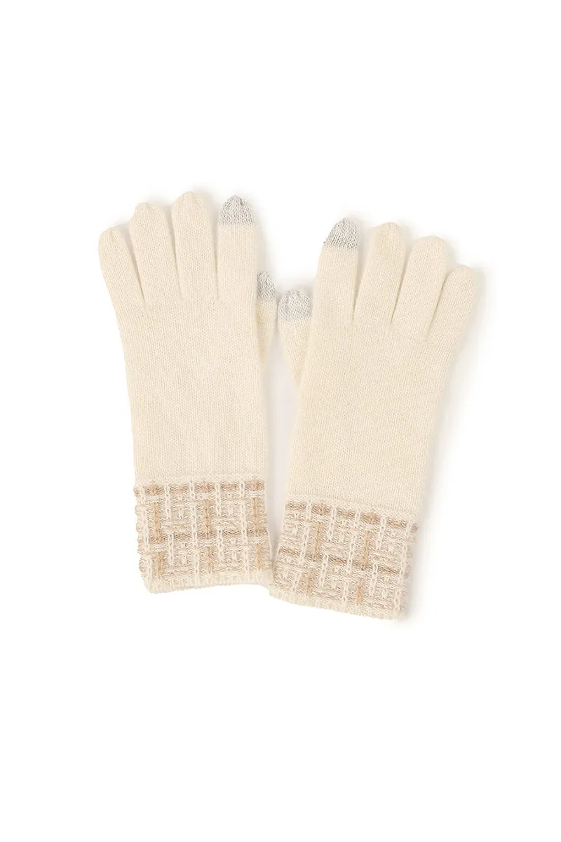 100 Cashmere Knit Touchscreen Gloves with Tweed Cuffs