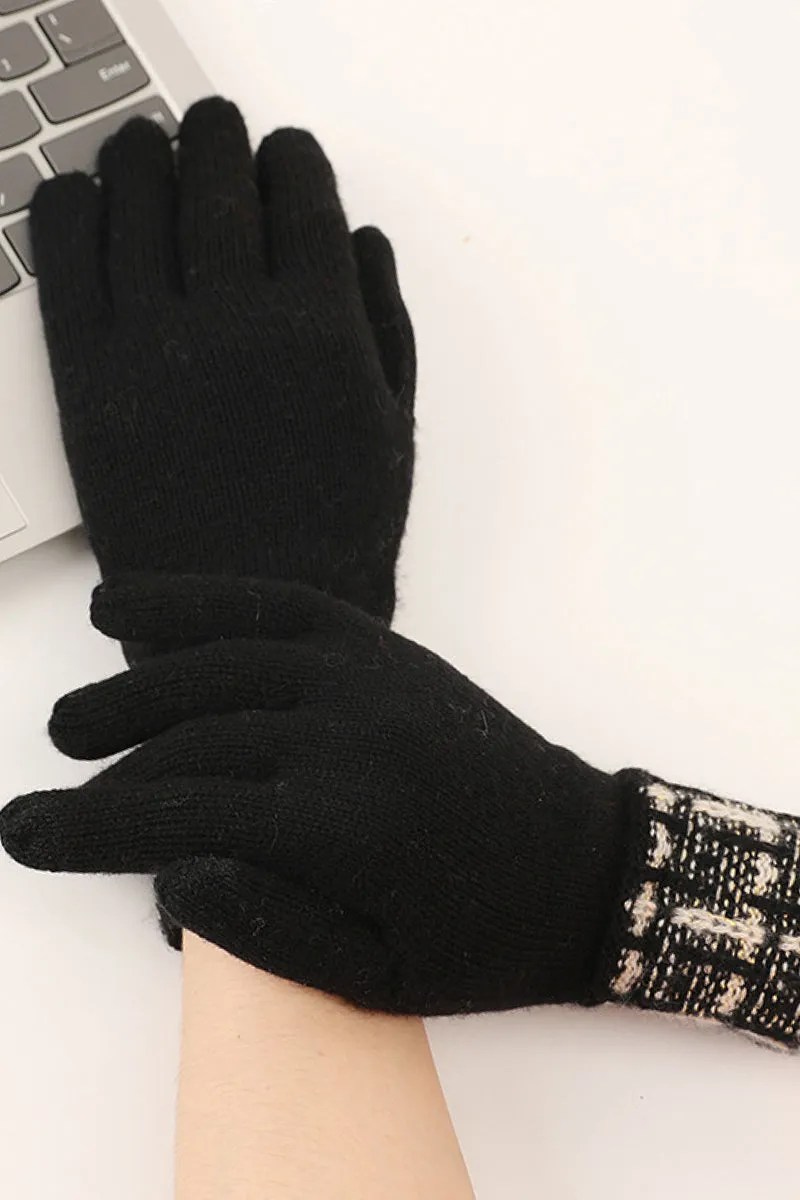 100 Cashmere Knit Touchscreen Gloves with Tweed Cuffs