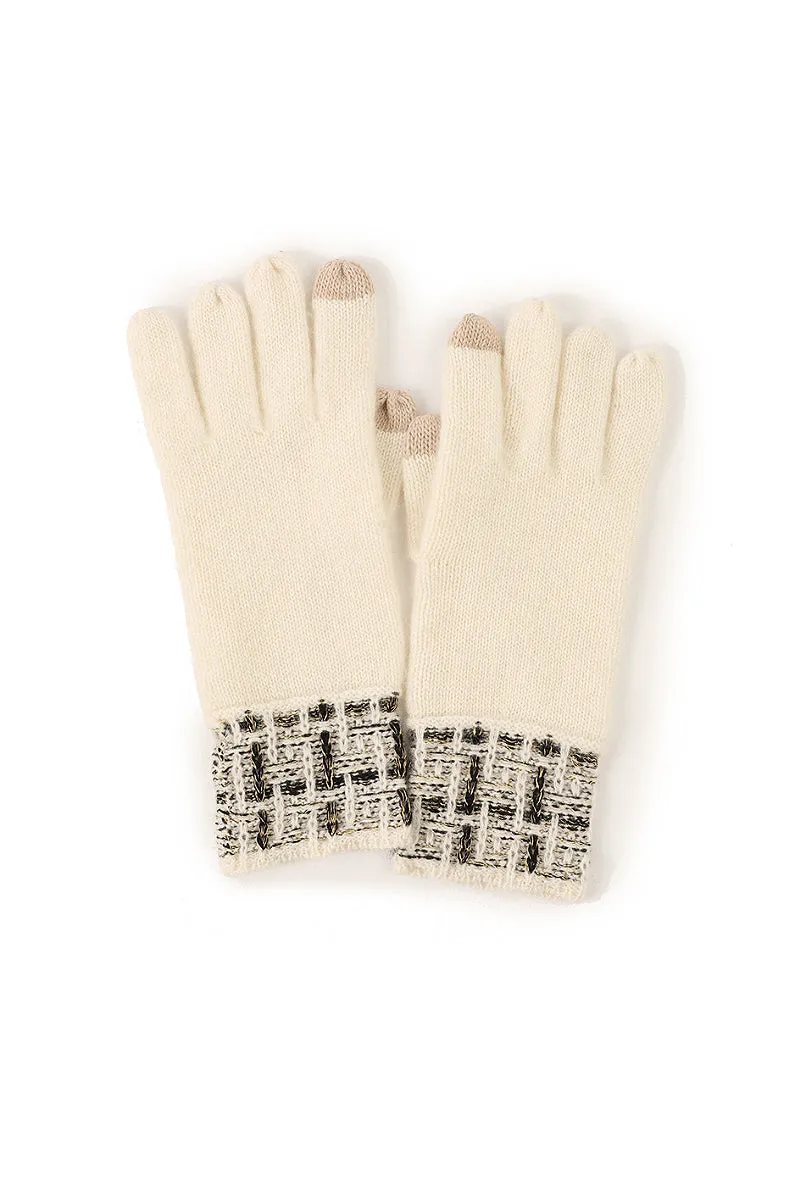 100 Cashmere Knit Touchscreen Gloves with Tweed Cuffs