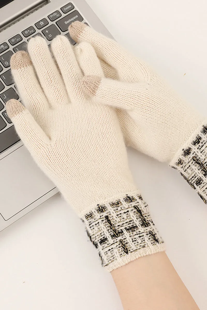 100 Cashmere Knit Touchscreen Gloves with Tweed Cuffs