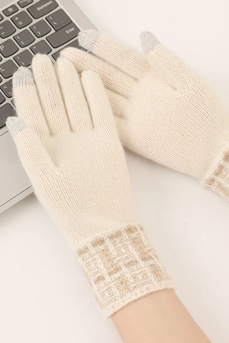 100 Cashmere Knit Touchscreen Gloves with Tweed Cuffs