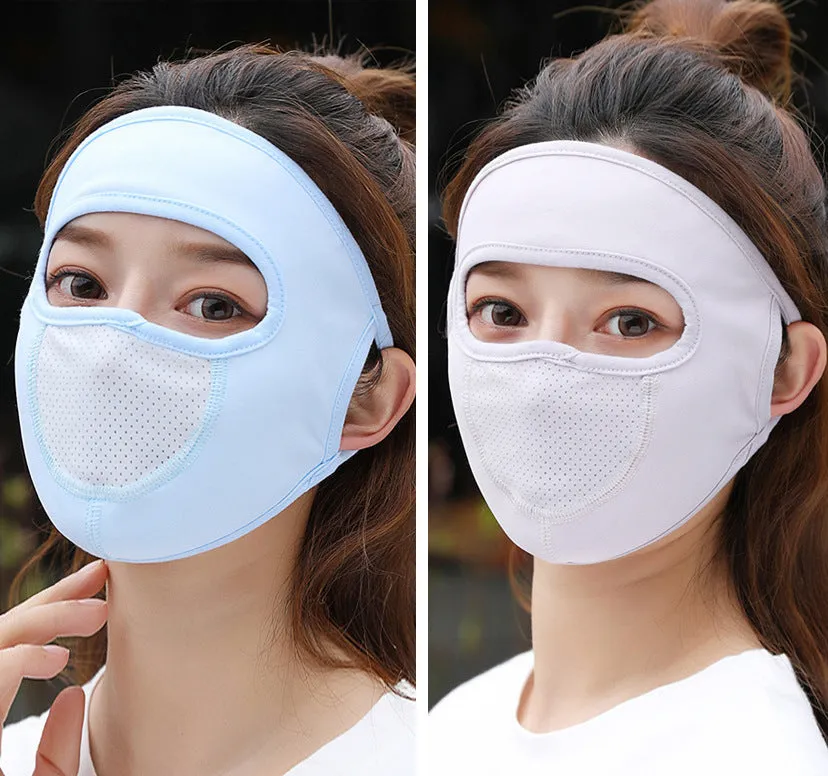 2PCs Ear-Mounted Sunscreen Mask Cover Full Face Summer Breathable Ice Silk Face Mask