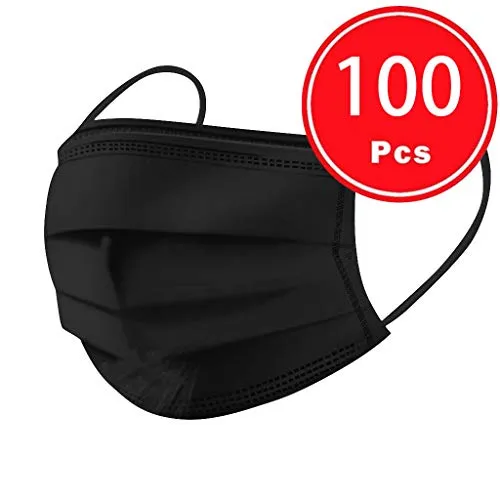 50/100pc Disposable Face Bandanas - 3 Ply Non-woven Black Breathable Face ??ᴠ??,Protective Anti-dust Windproof Facial Scarf with Elastic Ear Loop for Outdoor Ski Cycling Camping Running (B:100pcs)