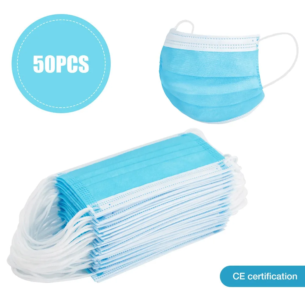 50PCS 3-layer Face Masks with Elastic Ear Loop Dustproof Anti-bacteria Disposable Protection