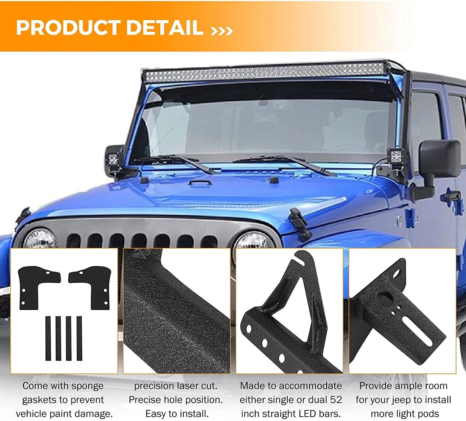 52" 5D-PRO LED Light Bar & 3"LED PODS & 2 IN 1 Design Windshield Mounting Brackets For Jeep Wrangler JK 2007~2017