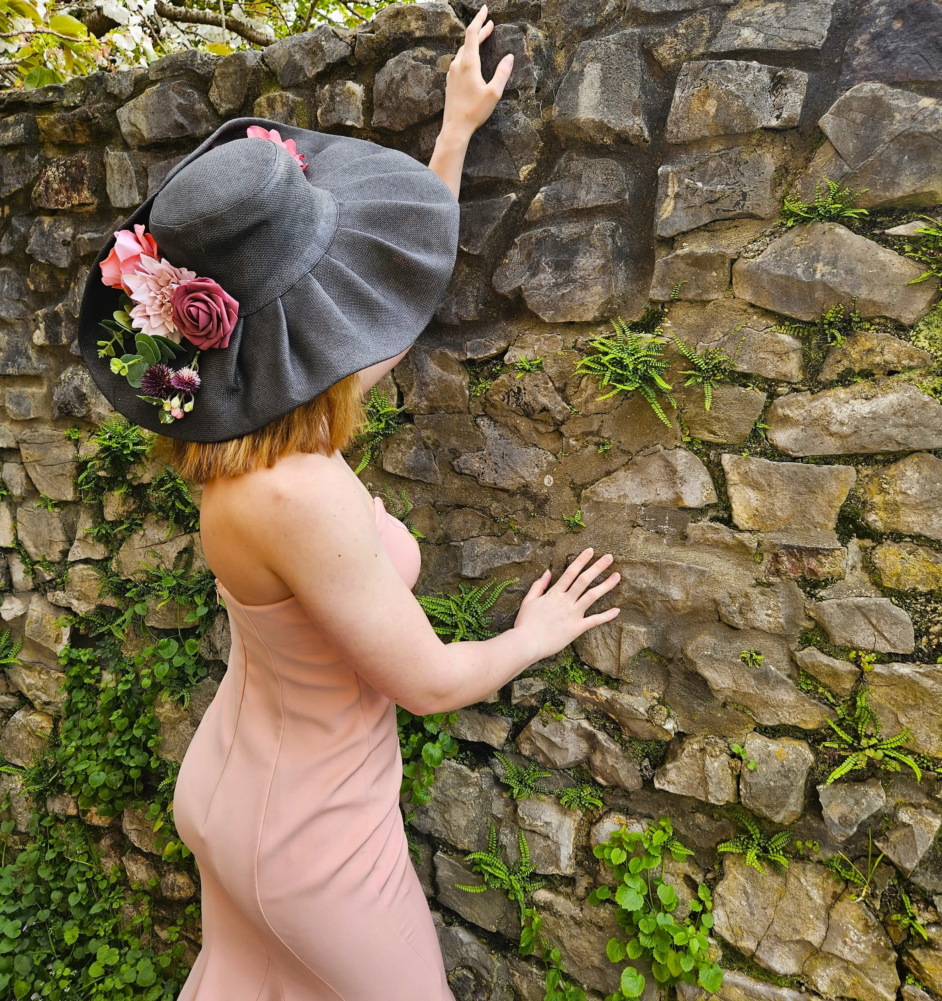 Ascot Hat Grey Pink with Wide Brim - Ladies Church Hats - Large Wedding Hats - Women's Hats for Racing