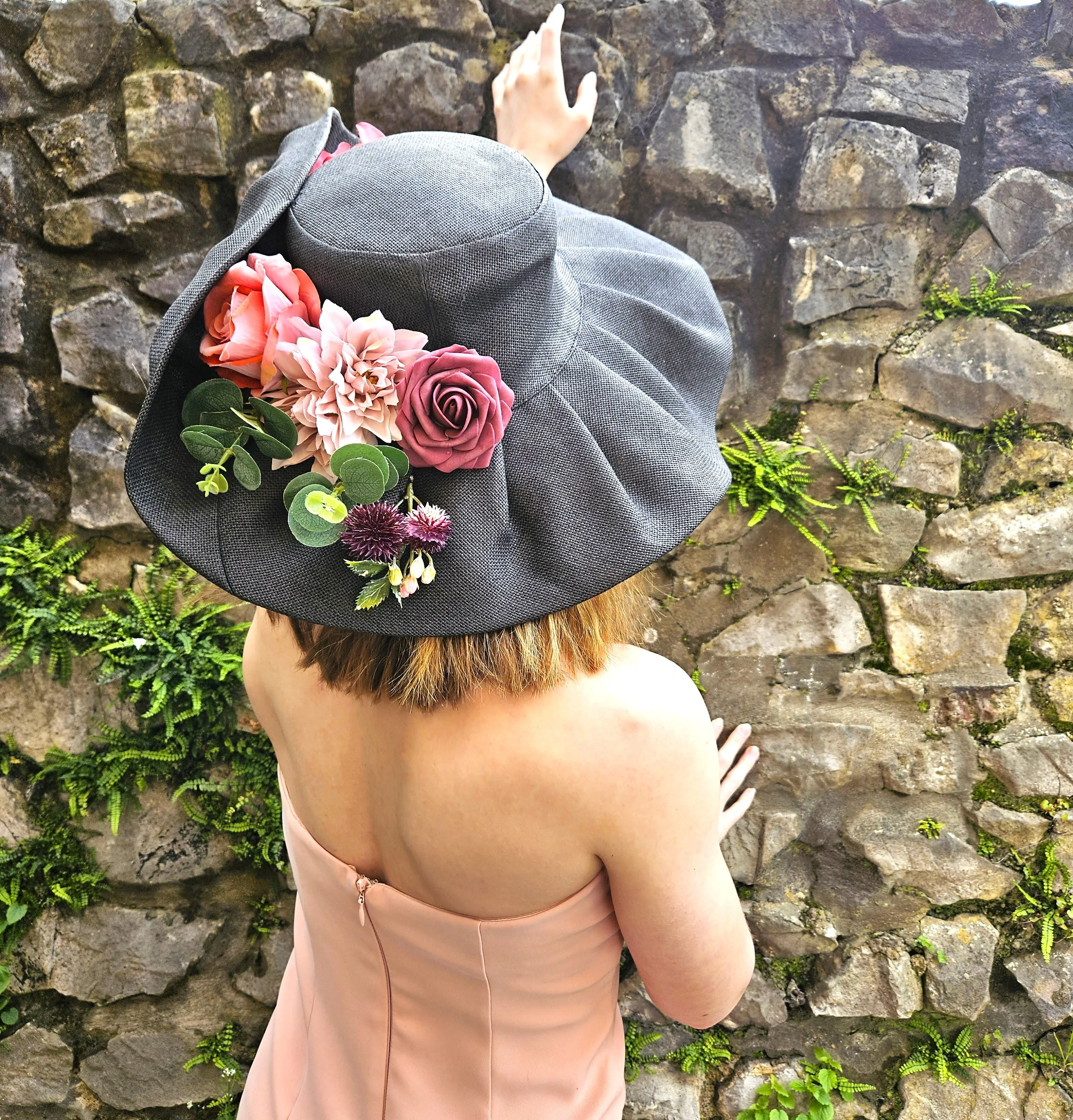 Ascot Hat Grey Pink with Wide Brim - Ladies Church Hats - Large Wedding Hats - Women's Hats for Racing