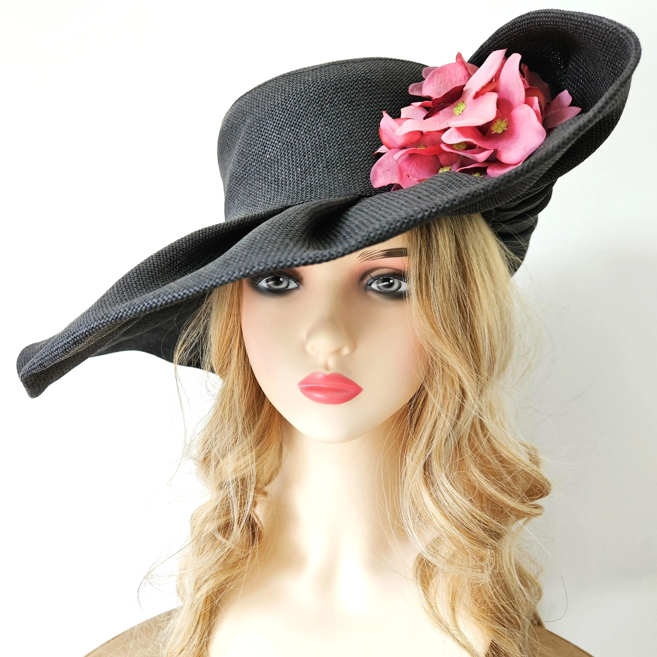 Ascot Hat Grey Pink with Wide Brim - Ladies Church Hats - Large Wedding Hats - Women's Hats for Racing