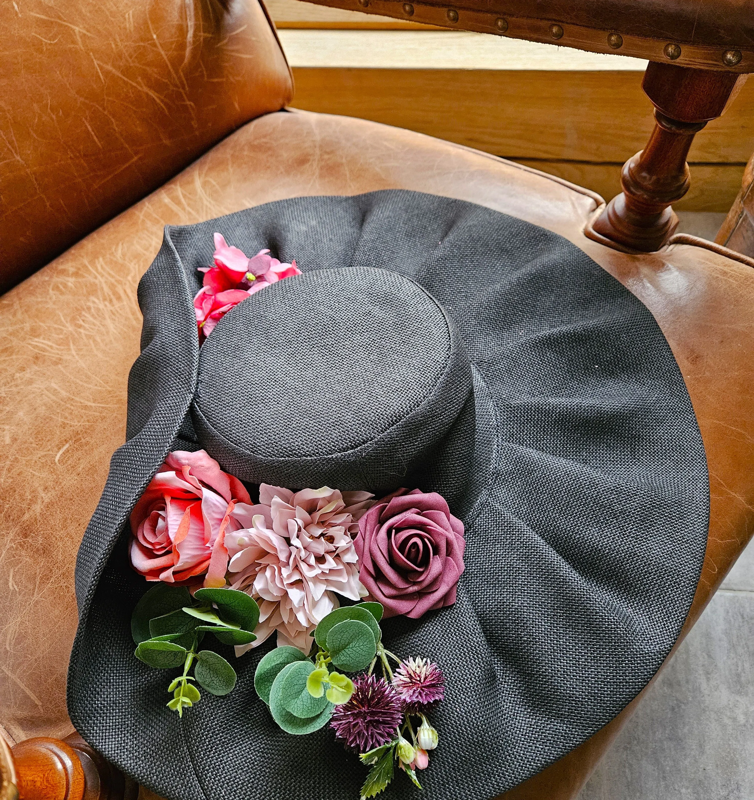 Ascot Hat Grey Pink with Wide Brim - Ladies Church Hats - Large Wedding Hats - Women's Hats for Racing