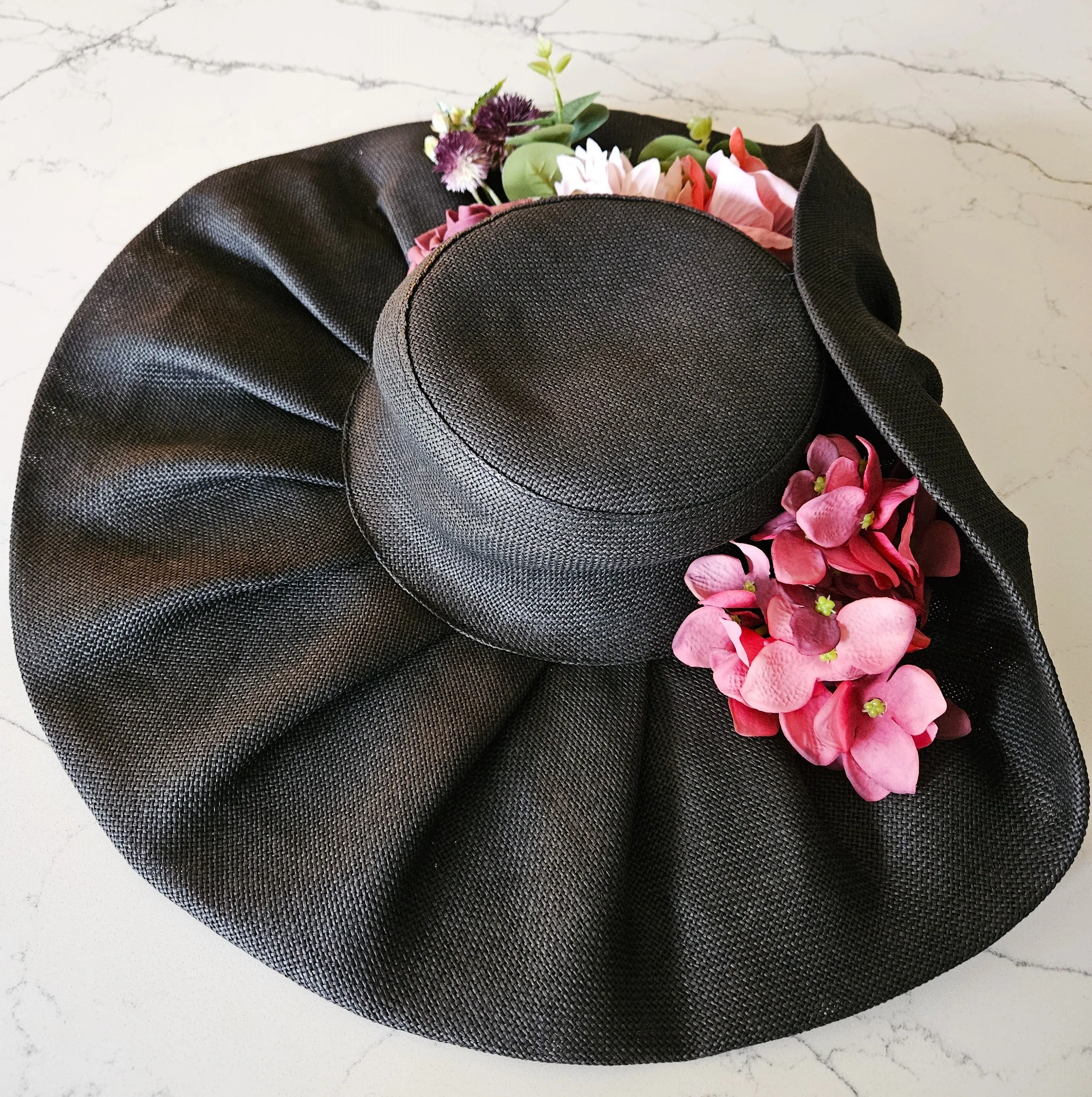 Ascot Hat Grey Pink with Wide Brim - Ladies Church Hats - Large Wedding Hats - Women's Hats for Racing