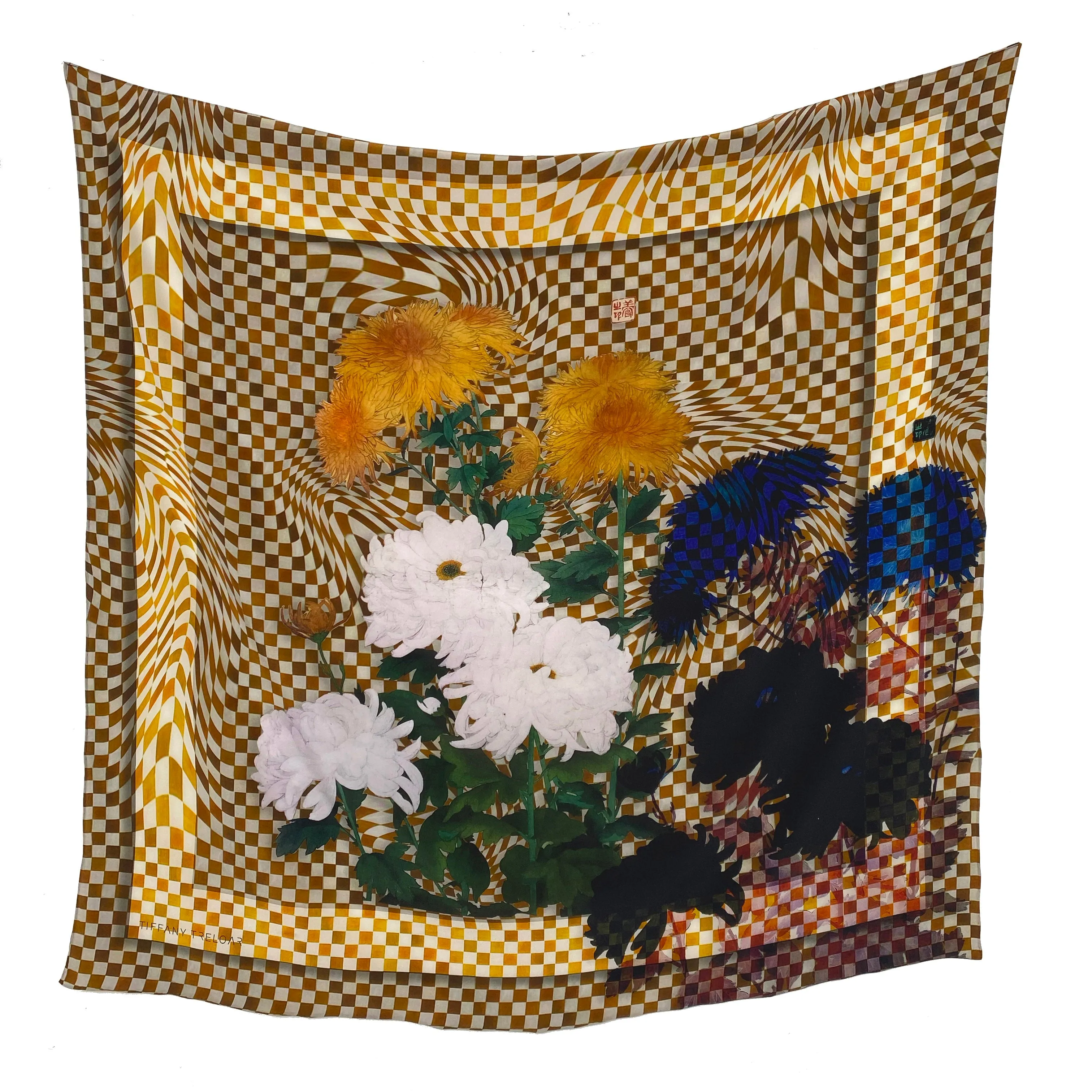 Caramel Check with Flowers Silk Scarf