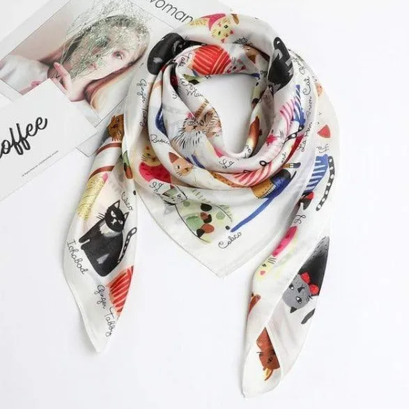 Cat Printed Square Silk Scarf