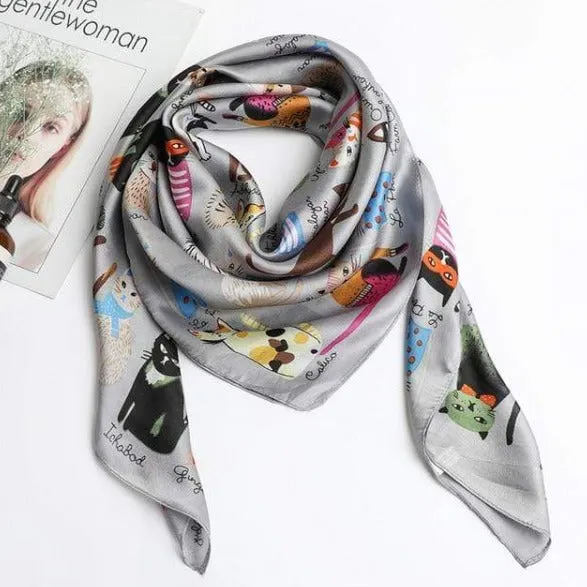 Cat Printed Square Silk Scarf