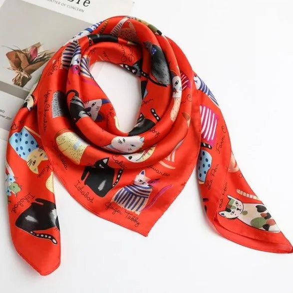 Cat Printed Square Silk Scarf