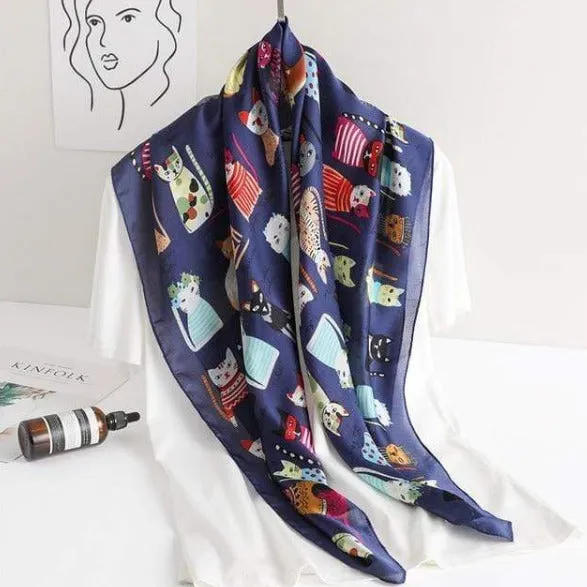 Cat Printed Square Silk Scarf