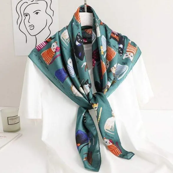 Cat Printed Square Silk Scarf