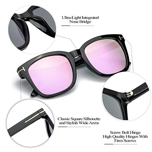 Myiaur Classic Sunglasses for Women Polarized Driving Anti Glare 100% UV Protection (Black Frame / Purple Mirrored Glasses)