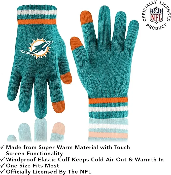 NFL Miami Dolphins Womens Super Soft Team Stripe Winter Beanie Knit Hat with Extra Warm Touch Screen Gloves|Miami Dolphins