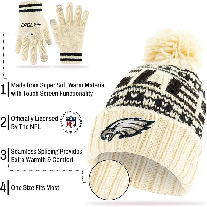 NFL Official Adults Super Soft Cable Knit Winter Beanie Knit Hat with Extra Warm Touch Screen Gloves|Philadelphia Eagles