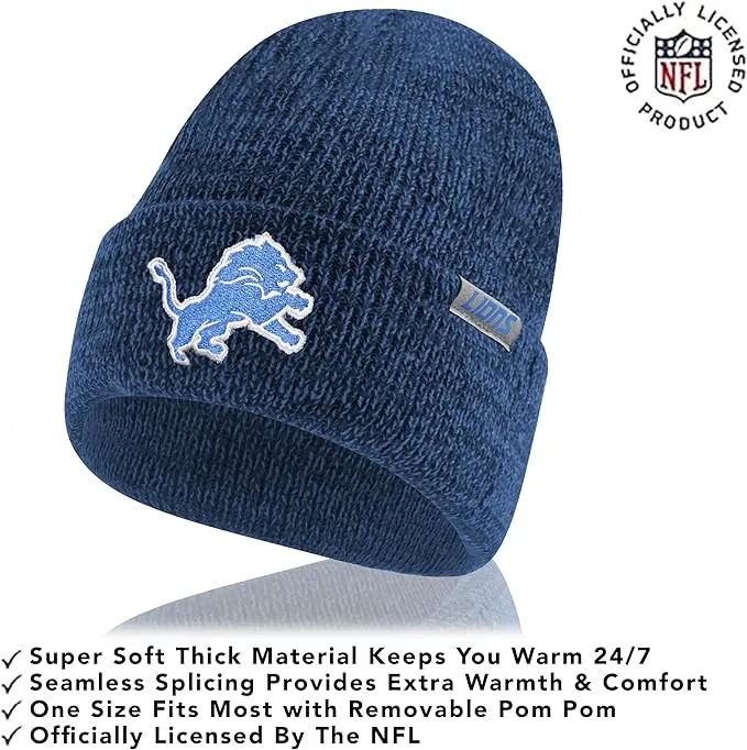 NFL Official Super Soft Marl Knit Winter Beanie Knit Hat with Extra Warm Touch Screen Gloves|Detroit Lions