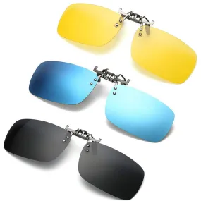 Pantsnsox 3 Pack Clip On Flip Up Mirrored Polarized Lens Day Cloud Night Vision UV400