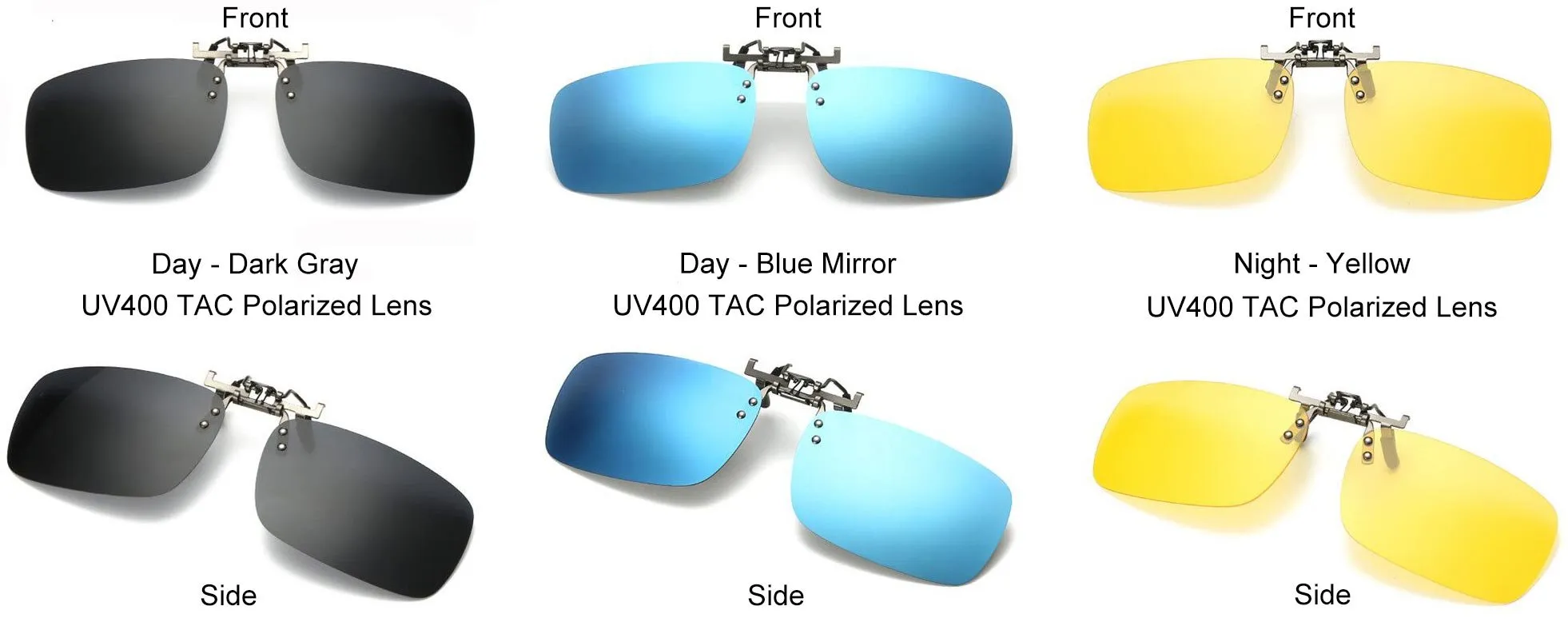 Pantsnsox 3 Pack Clip On Flip Up Mirrored Polarized Lens Day Cloud Night Vision UV400