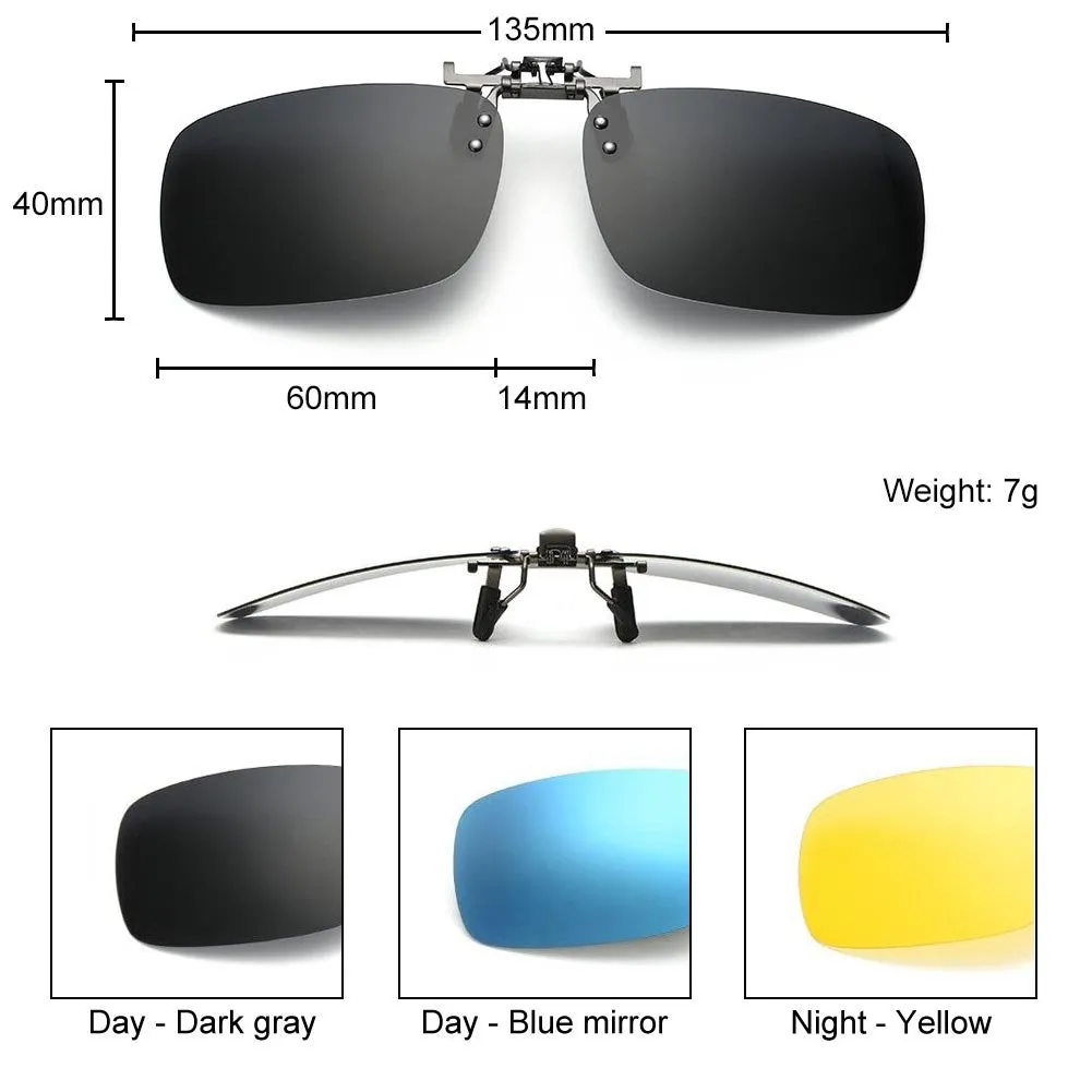 Pantsnsox 3 Pack Clip On Flip Up Mirrored Polarized Lens Day Cloud Night Vision UV400