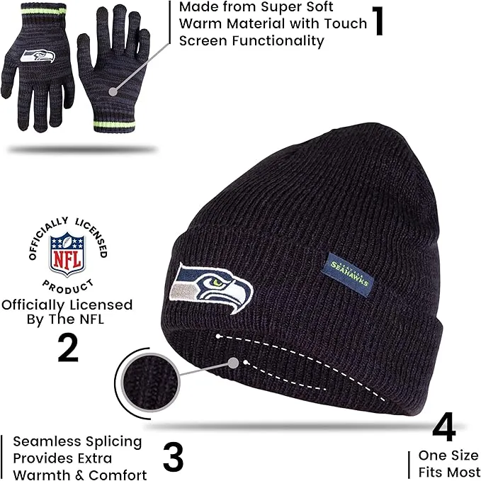 Ultra Game Adults Unisex NFL Official Super Soft Marl Knit Winter Beanie Knit Hat with Extra Warm Touch Screen Gloves|Seattle Seahawks