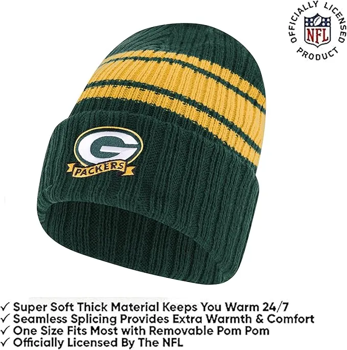 Ultra Game Youth NFL Official Super Soft Team Stripe Winter Beanie Knit Hat with Extra Warm Touch Screen Gloves|Green Bay Packers