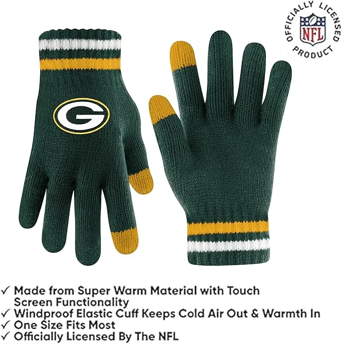 Ultra Game Youth NFL Official Super Soft Team Stripe Winter Beanie Knit Hat with Extra Warm Touch Screen Gloves|Green Bay Packers