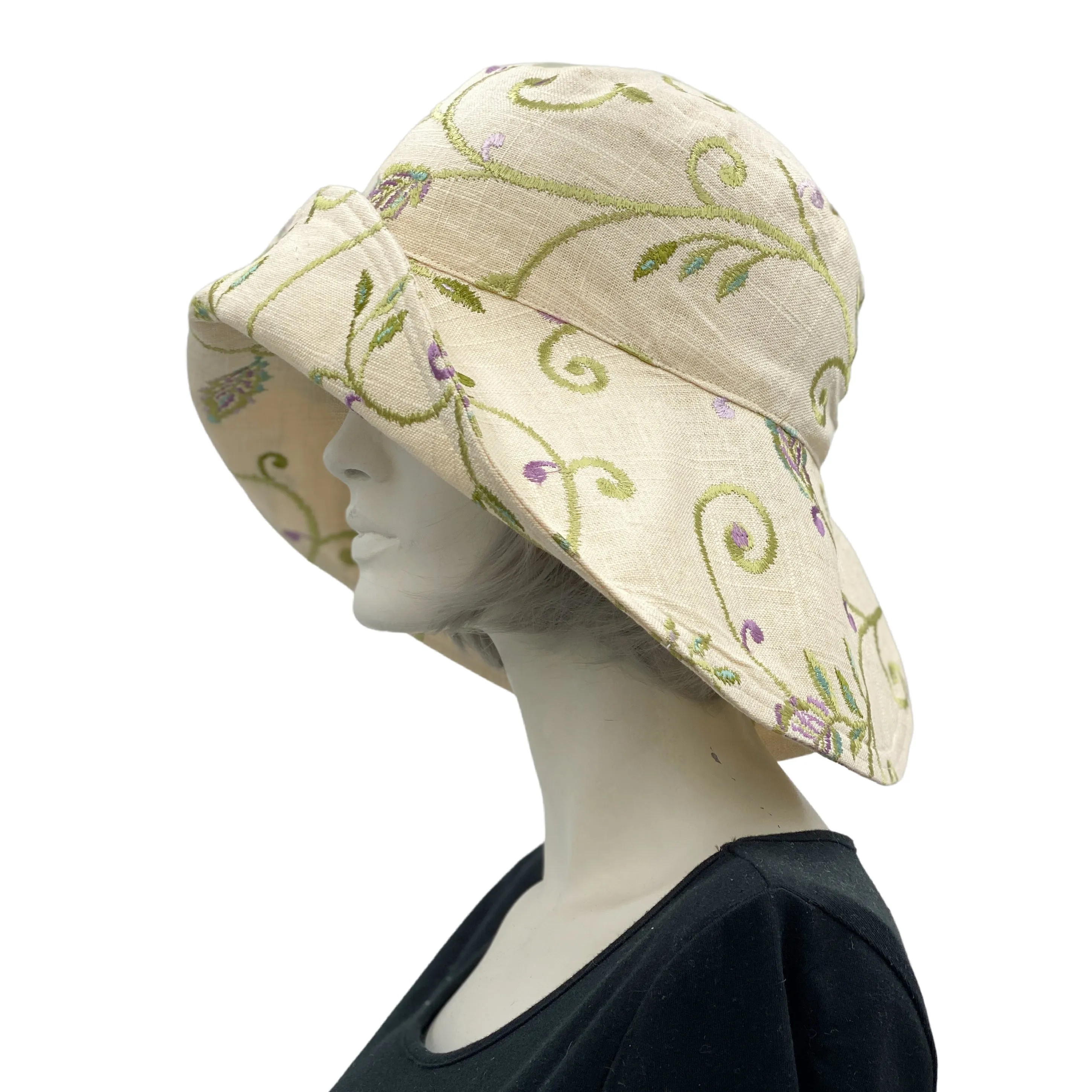 Wide Brim Womens Summer Hat In Embroidered Linen | The Derby