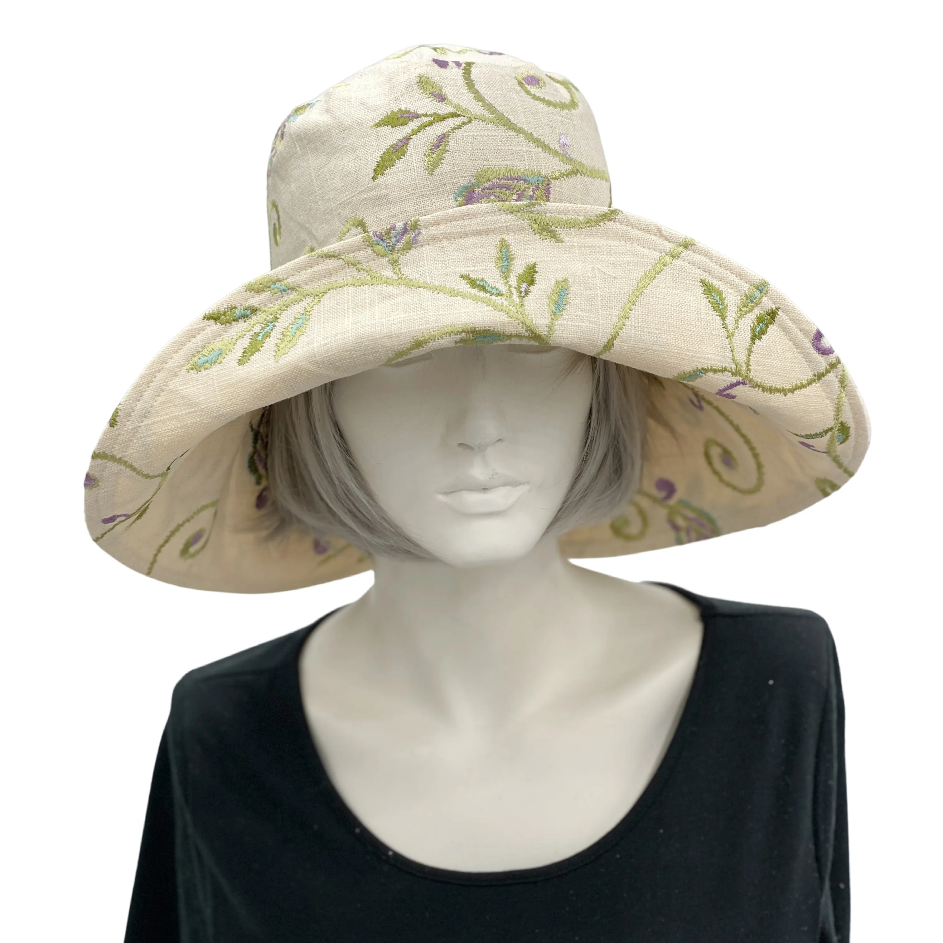 Wide Brim Womens Summer Hat In Embroidered Linen | The Derby