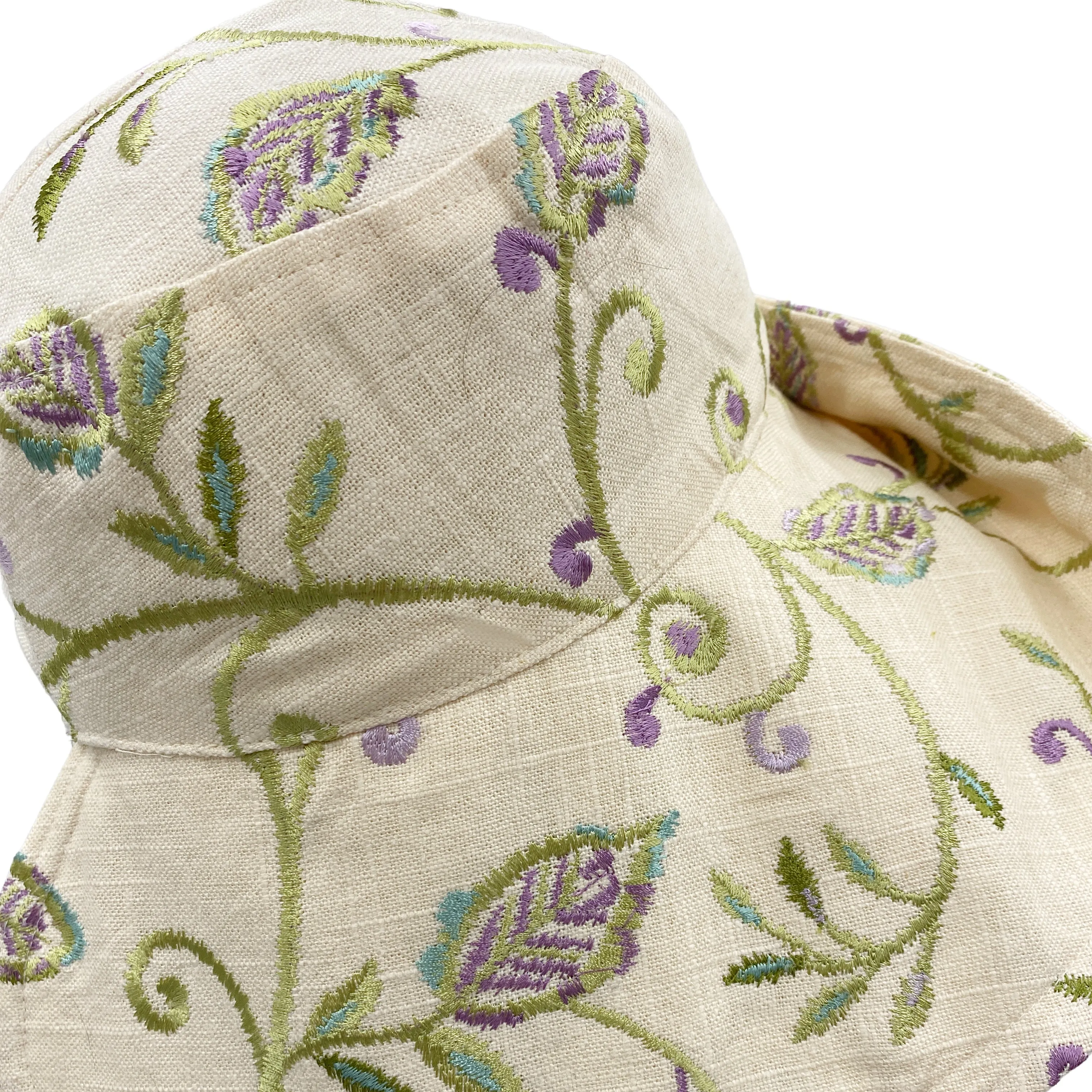 Wide Brim Womens Summer Hat In Embroidered Linen | The Derby