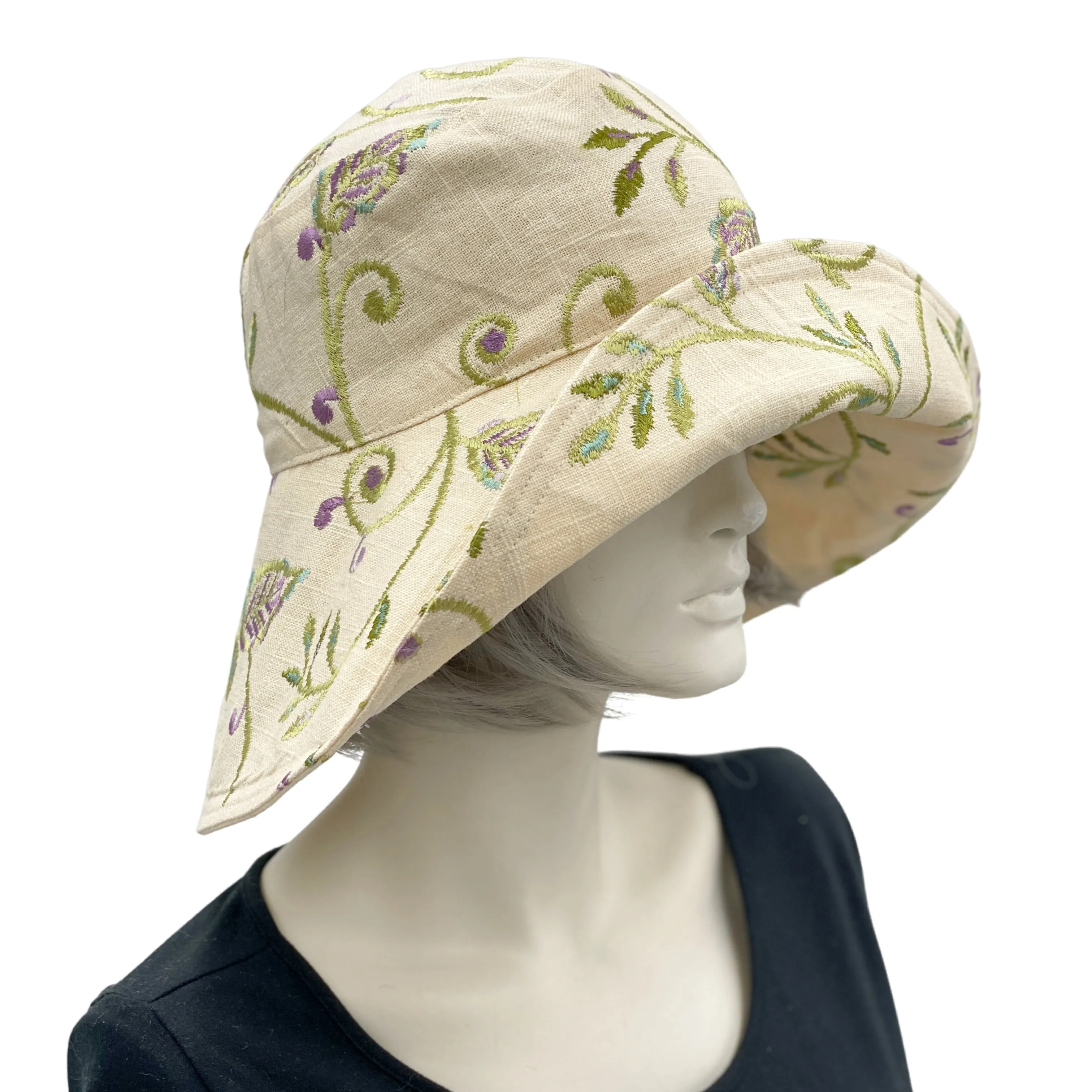 Wide Brim Womens Summer Hat In Embroidered Linen | The Derby