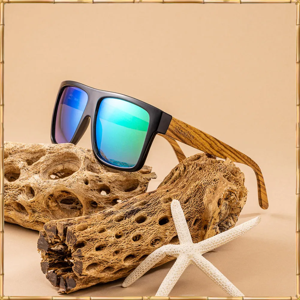 Zebra Wood Wrap Sunglasses with Green Polarized Lenses